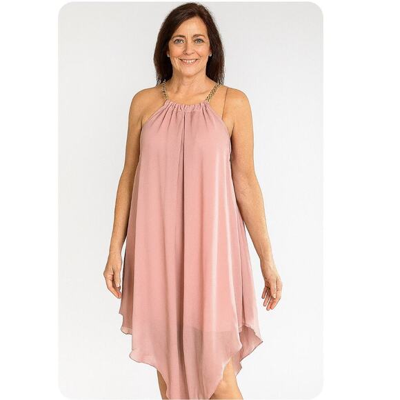 Debshops dress halter blush pink chiffon gold chain neckline asymmetrical SZ 1XL - Picture 1 of 8